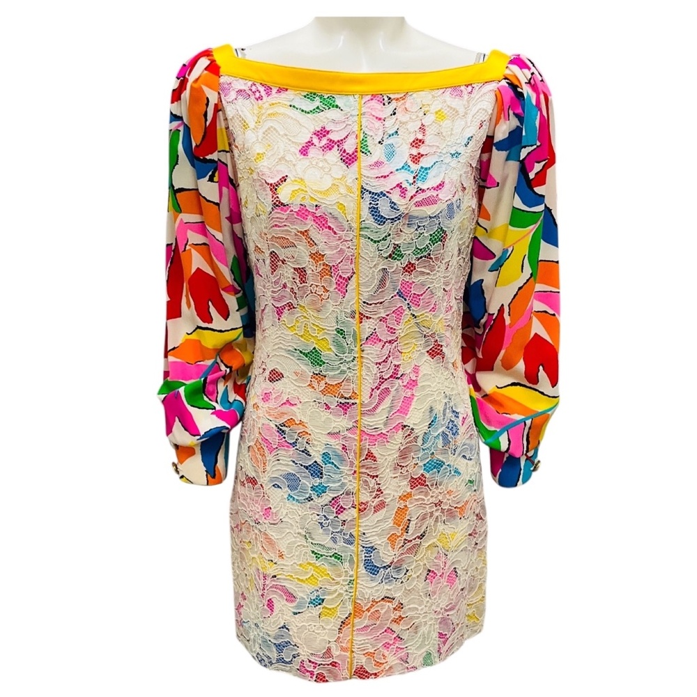 UNGARO PARALLELE VINTAGE IVORY MULTI SILK PRINT AND LACE MINI DRESS